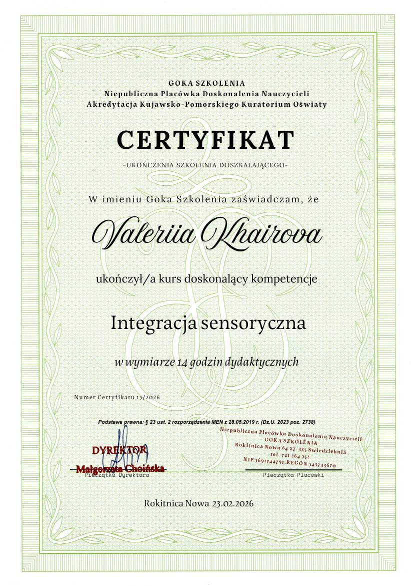 Сертификат Goka Szkolenia: Integracja sensoryczna