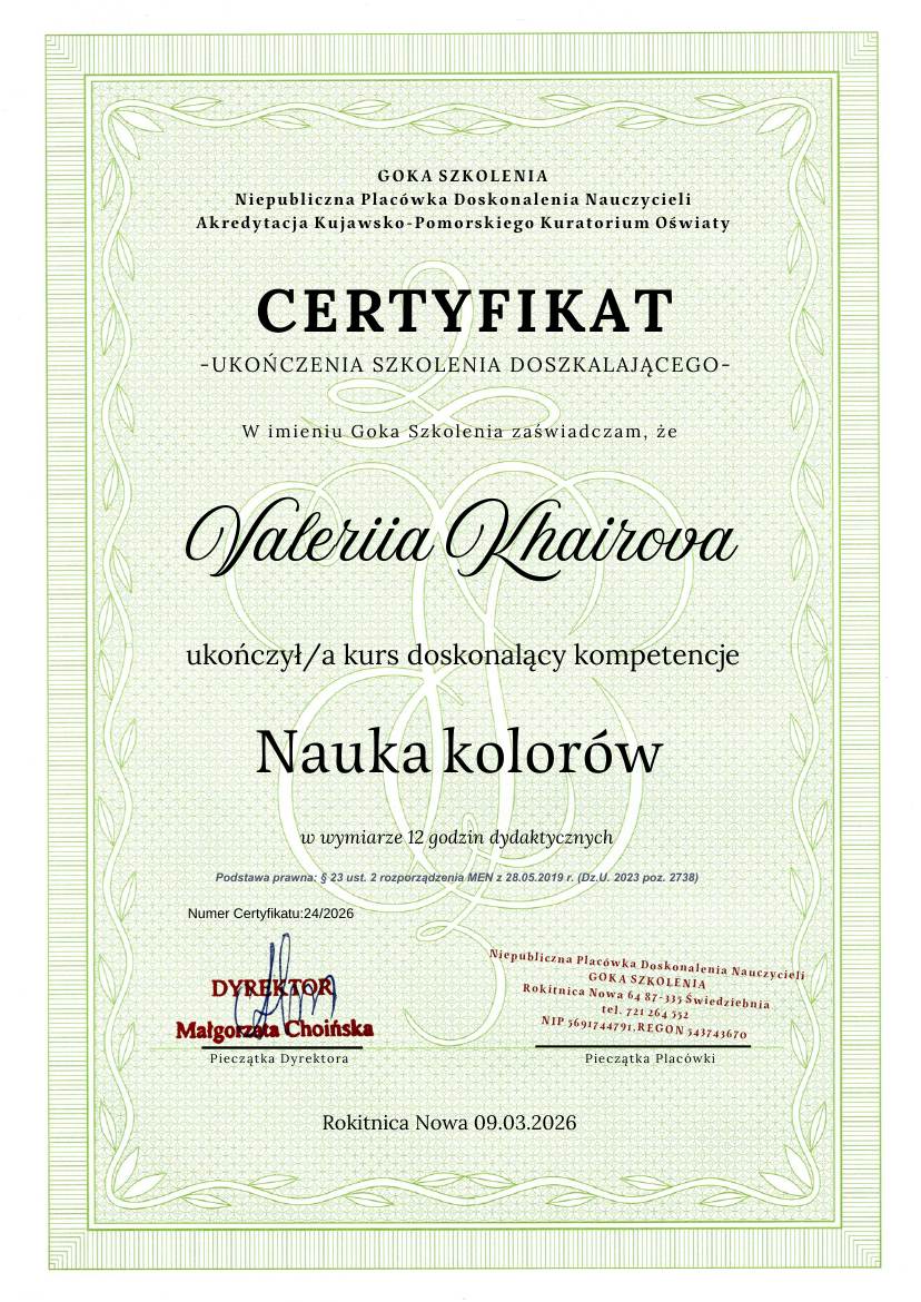 Сертификат Goka Szkolenia: Nauka kolorów