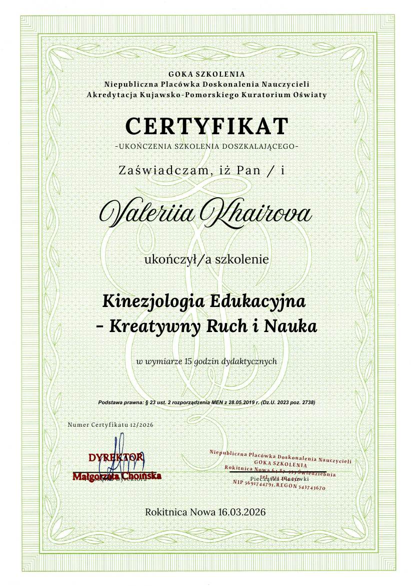 Сертификат Goka Szkolenia: Kinezjologia Edukacyjna – Kreatywny Ruch i Nauka