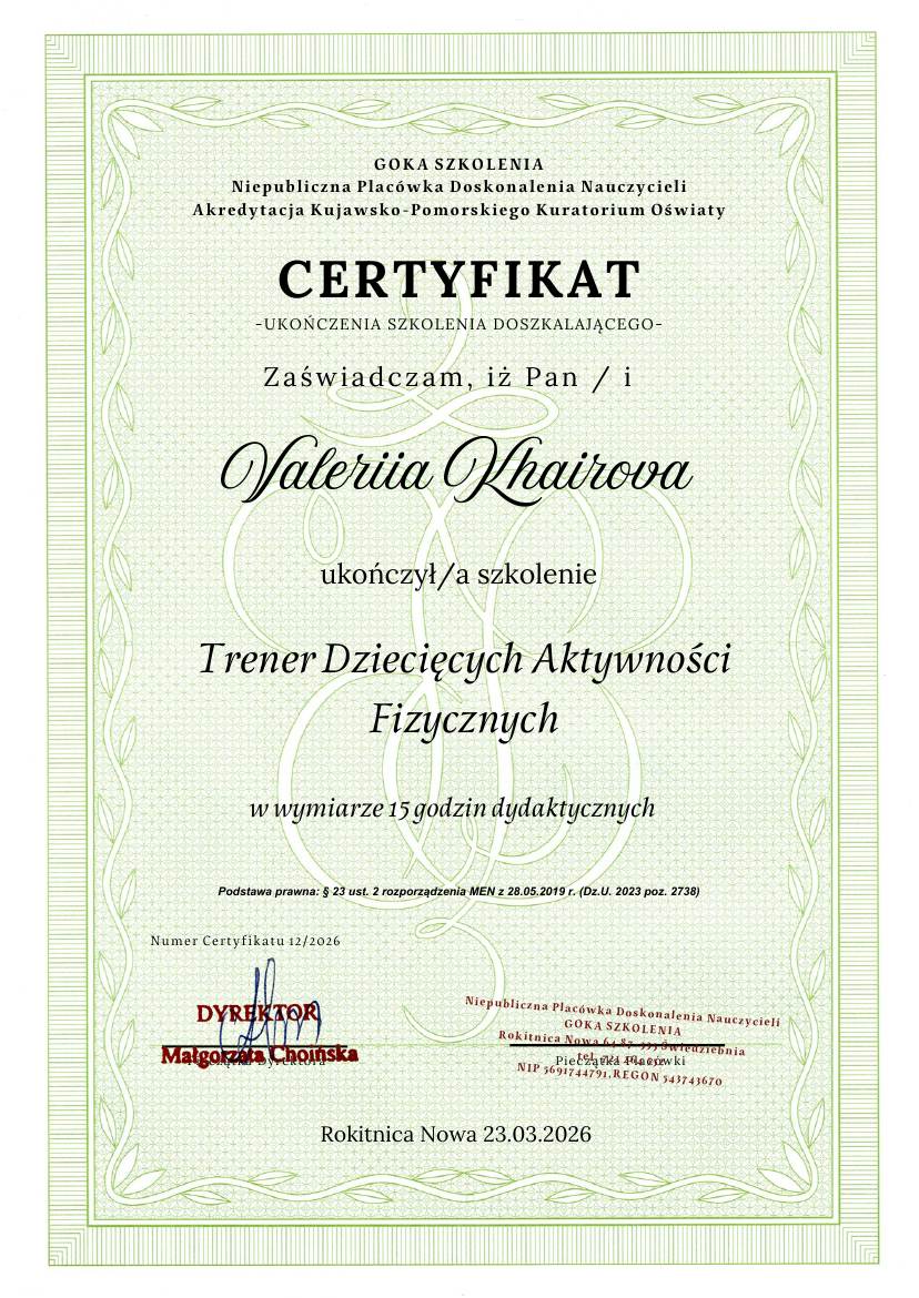 Сертификат Goka Szkolenia: Trener Dziecięcych Aktywności Fizycznych