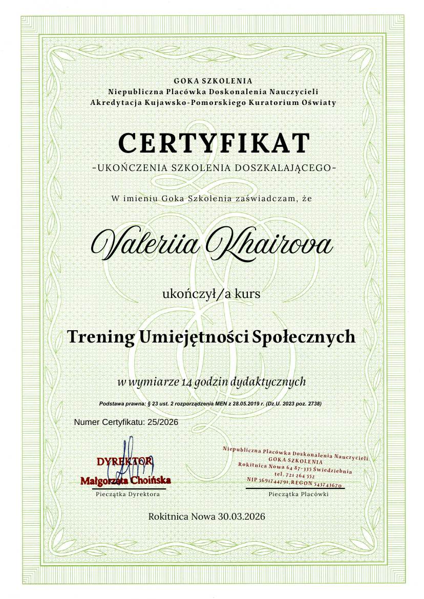 Сертификат Goka Szkolenia: Trening Umiejętności Społecznych