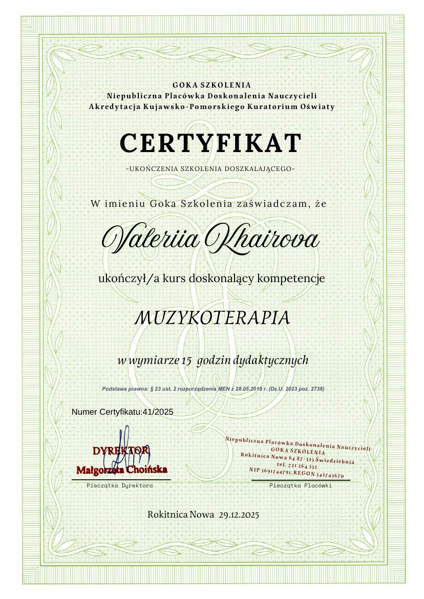 Сертификат Goka Szkolenia: Muzykoterapia