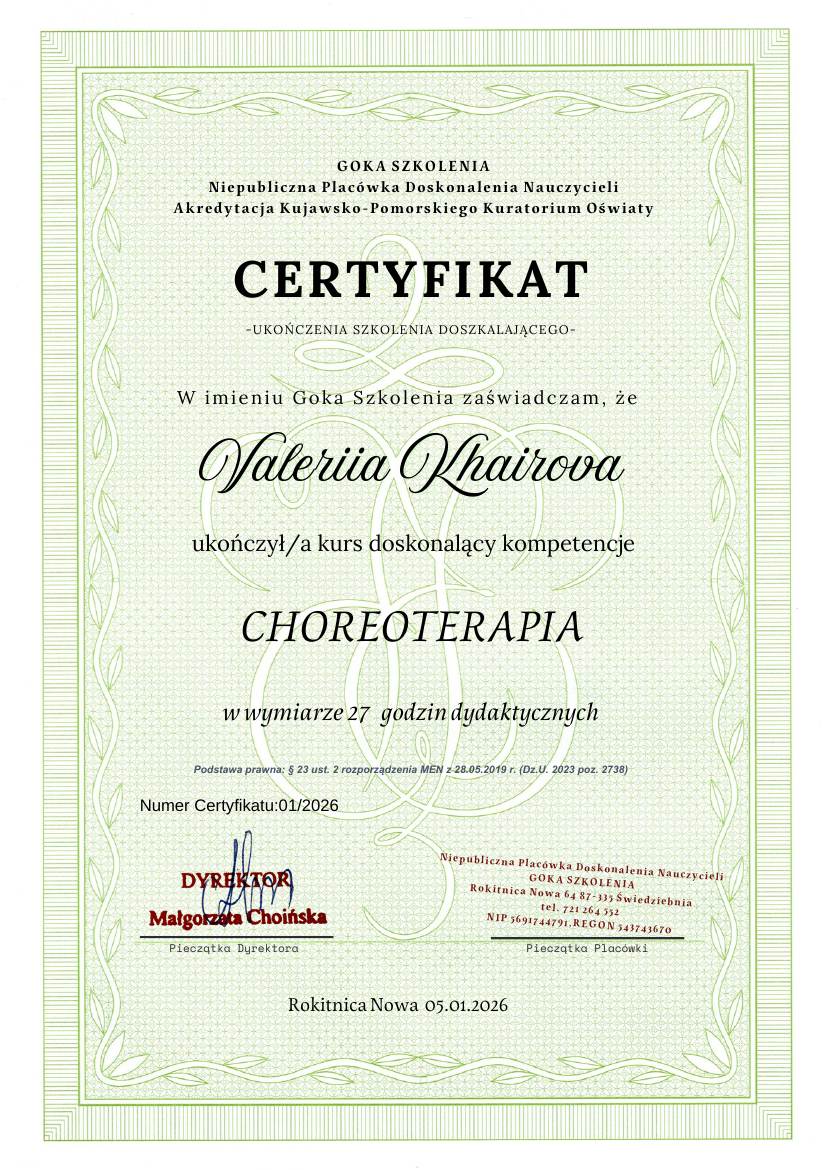 Сертификат Goka Szkolenia: Choreoterapia