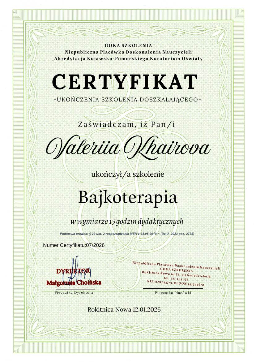 Сертификат Goka Szkolenia: Bajkoterapia
