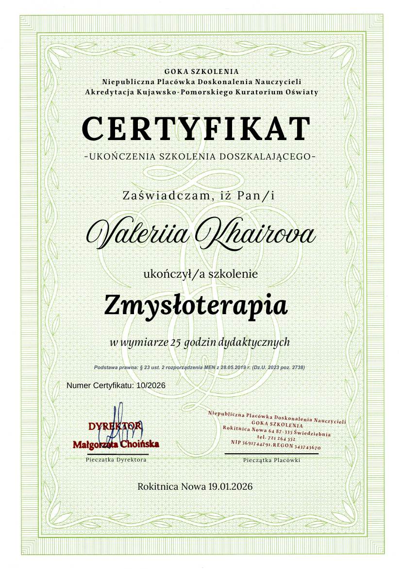 Сертификат Goka Szkolenia: Zmysłoterapia