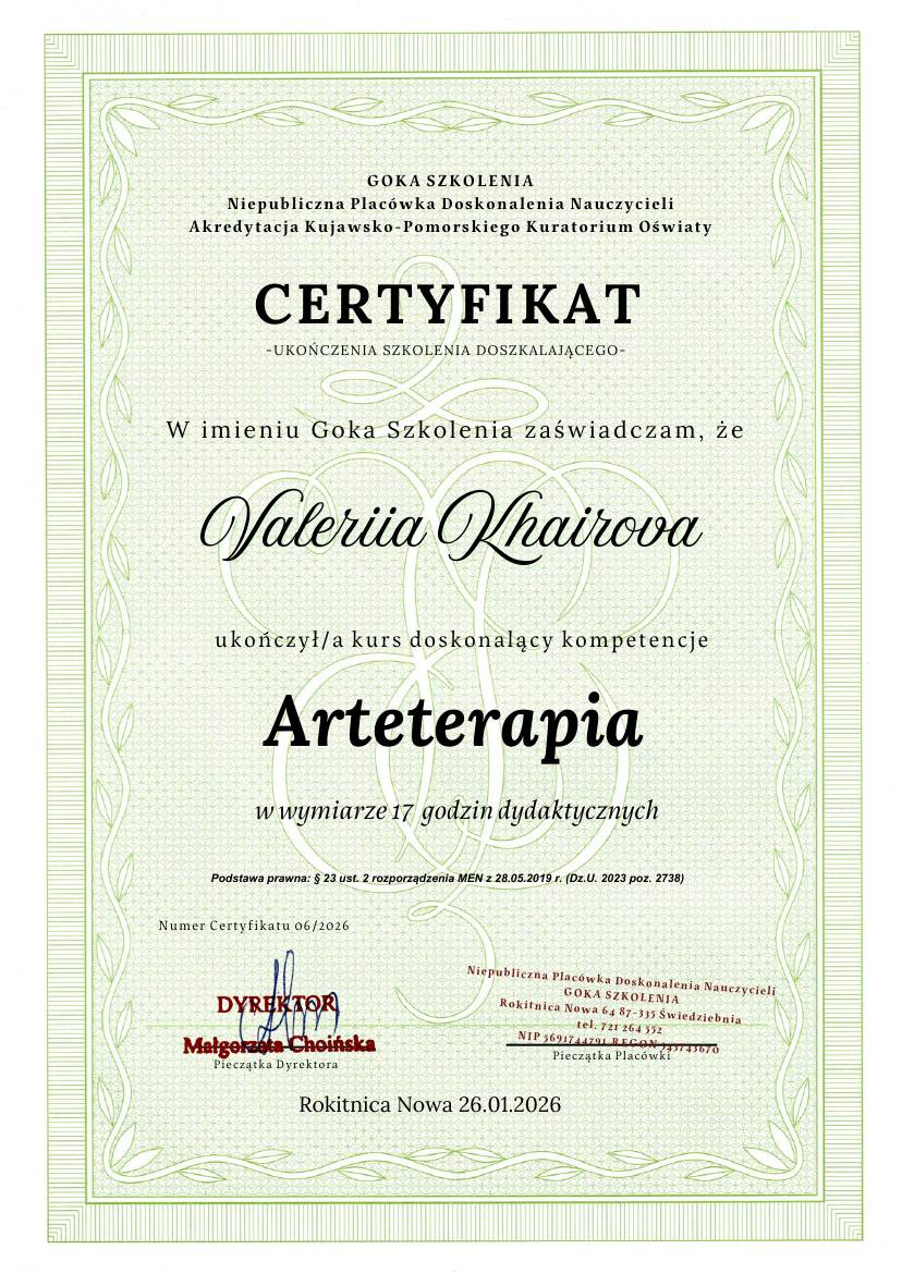 Сертификат Goka Szkolenia: Arteterapia