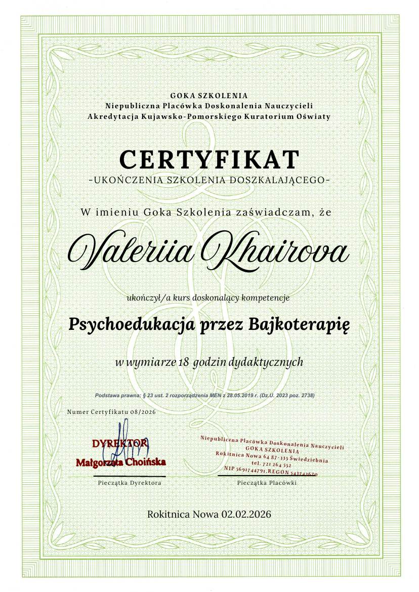 Сертификат Goka Szkolenia: Psychoedukacja przez Bajkoterapię