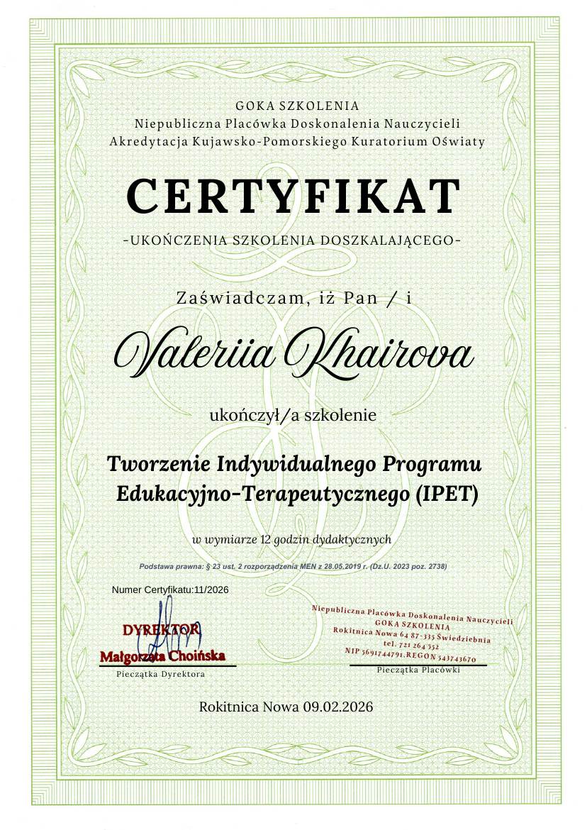 Сертификат Goka Szkolenia: Tworzenie Indywidualnego Programu Edukacyjno-Terapeutycznego (IPET)
