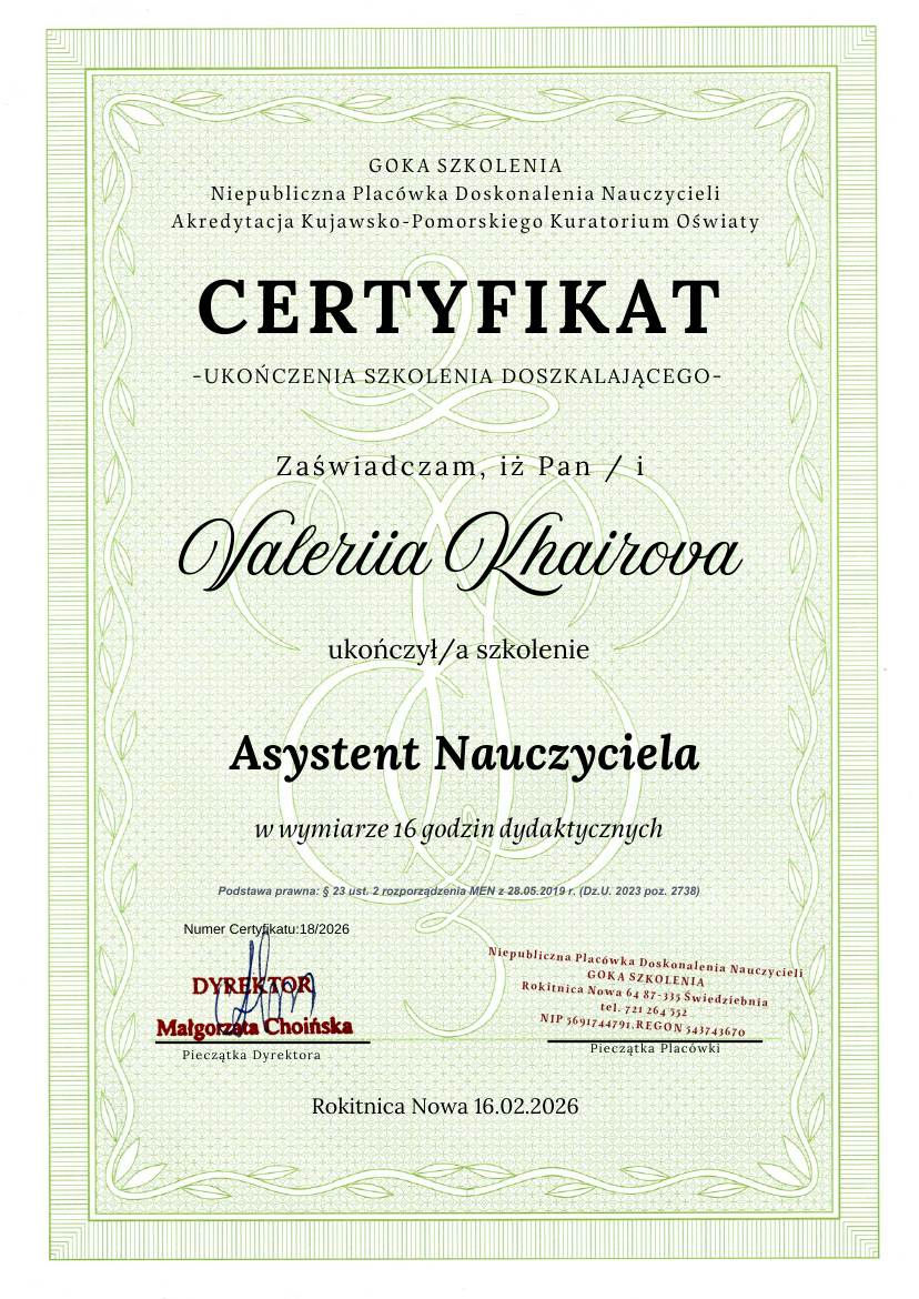 Сертификат Goka Szkolenia: Asystent Nauczyciela